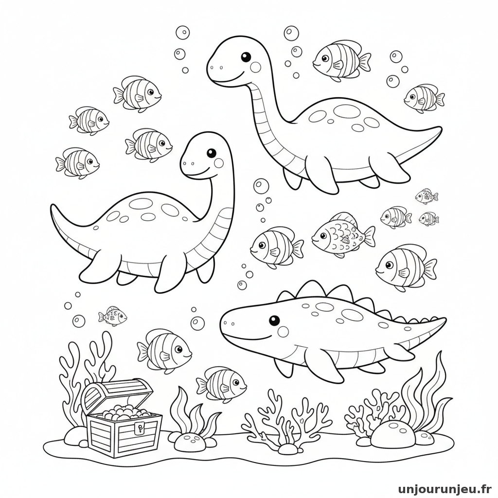 Des dinosaures nagent sous l'eau avec des poissons.