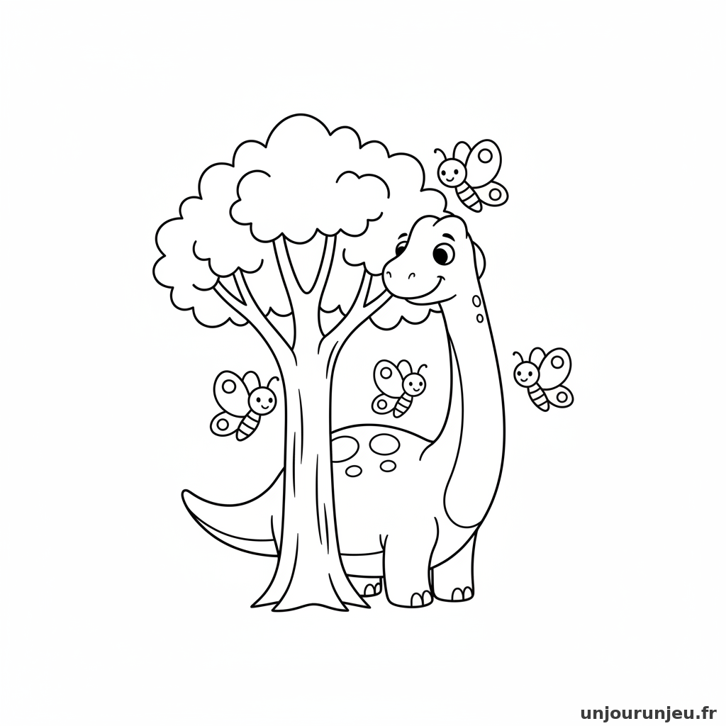 Un diplodocus joue à cache-cache avec des papillons.