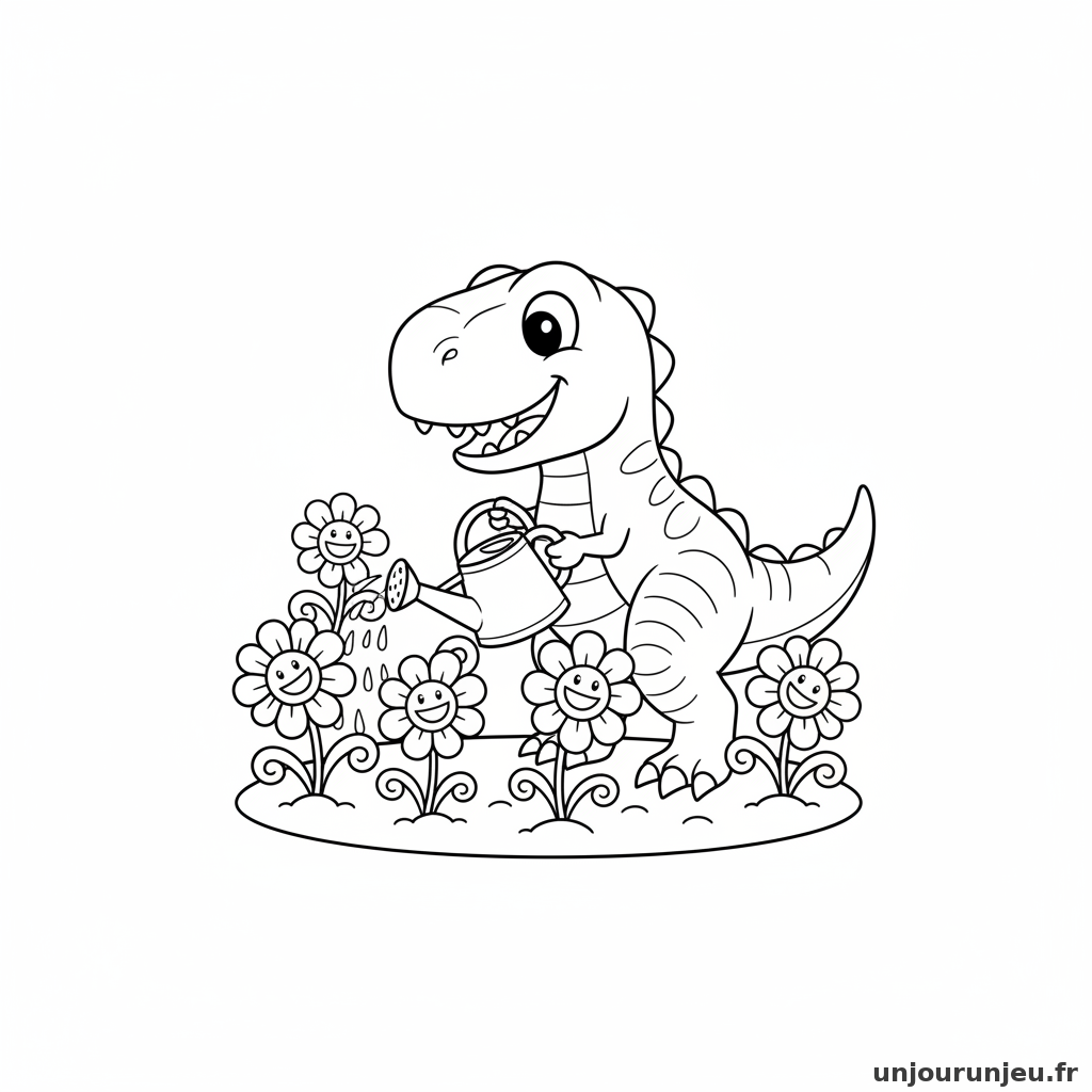Un gentil T-Rex arrose des fleurs colorées.