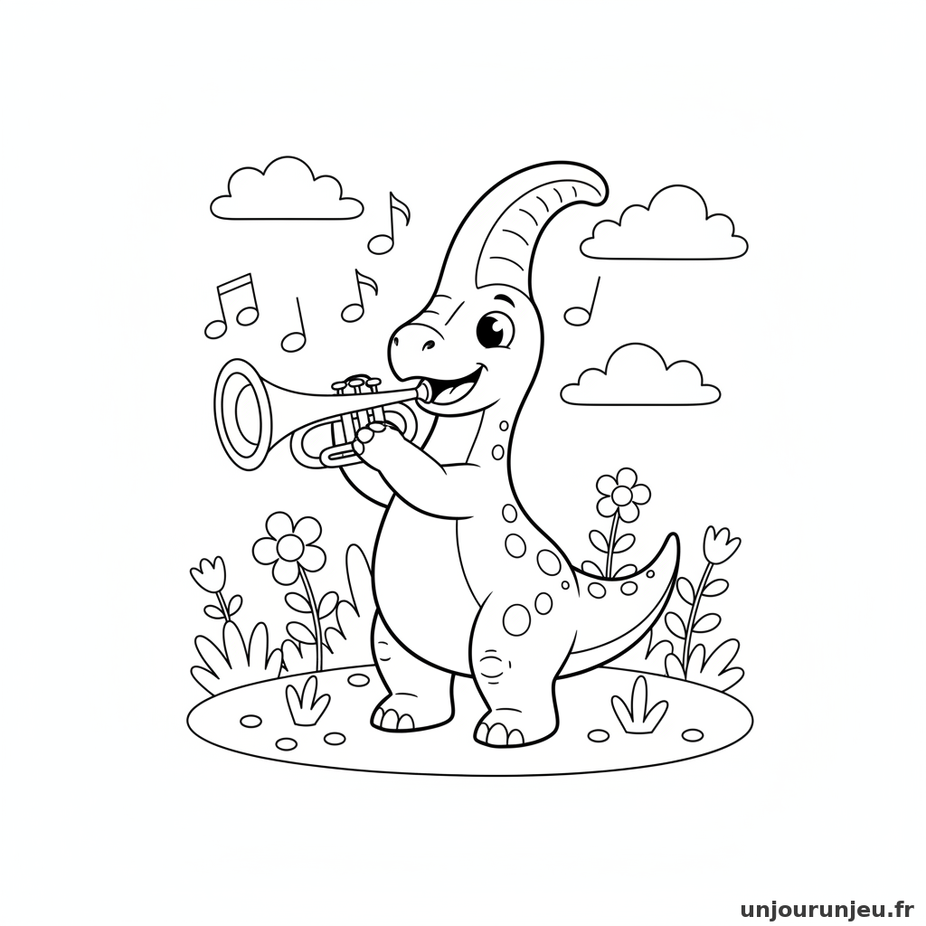 Un parasaurolophus joue de la trompette dans un champ.