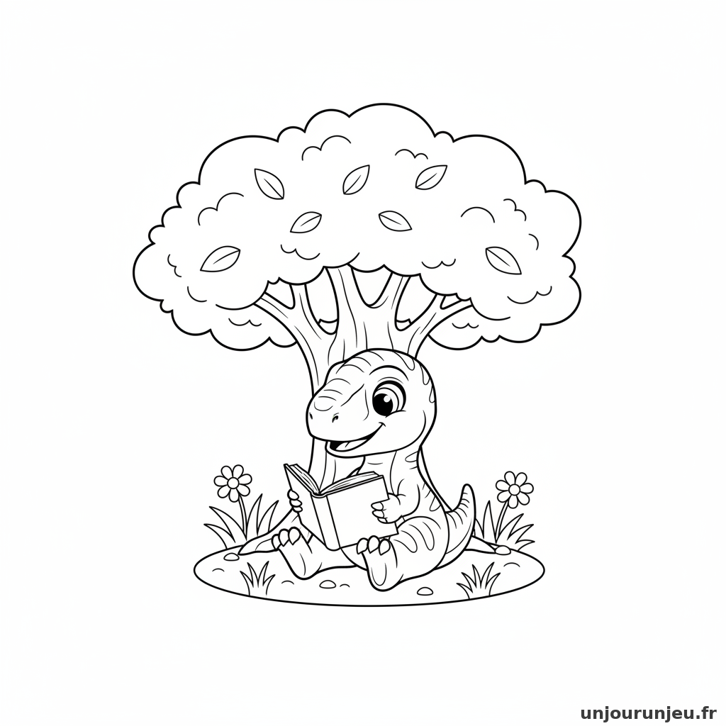 Un petit vélociraptor lit un livre sous un arbre.