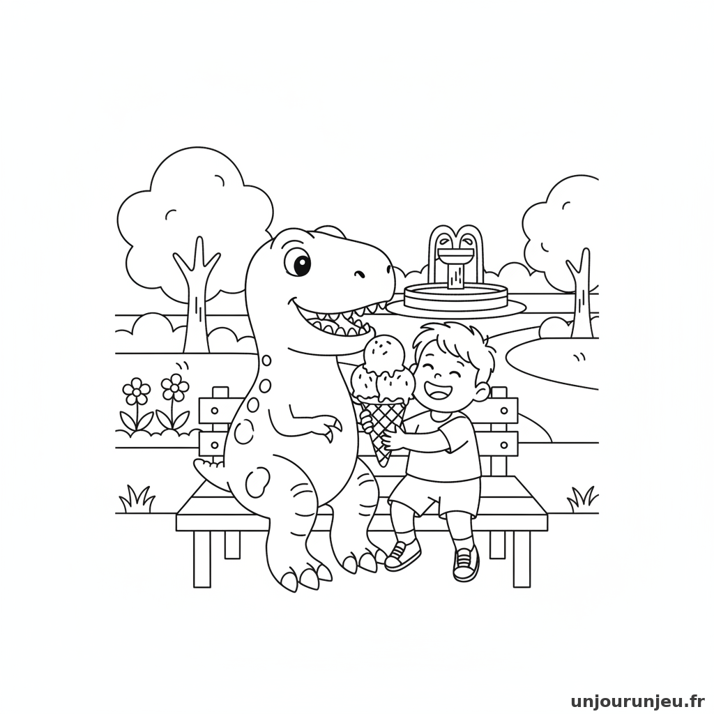 Un T-Rex et un enfant partagent une glace au parc.
