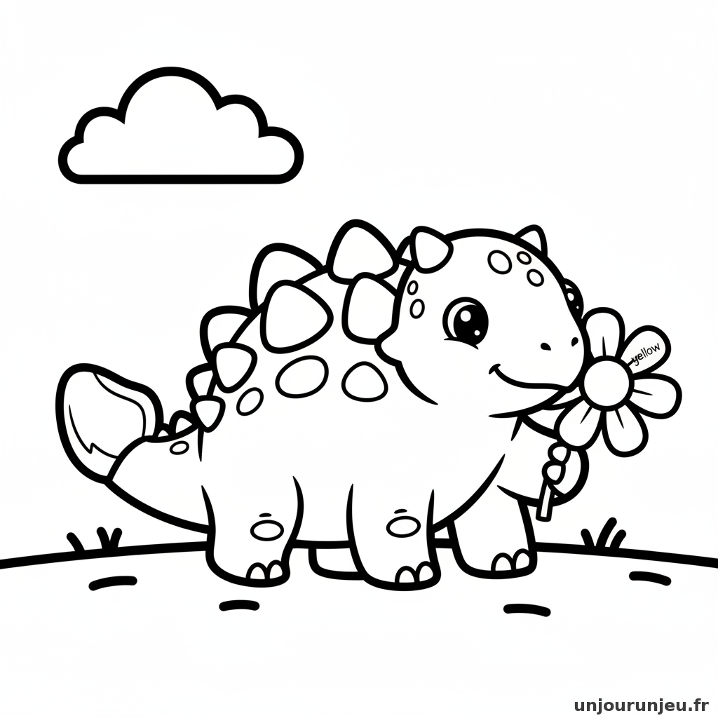 Coloriage Dinosaure Ankylosaure Doux Tient Fleur Jaune 06