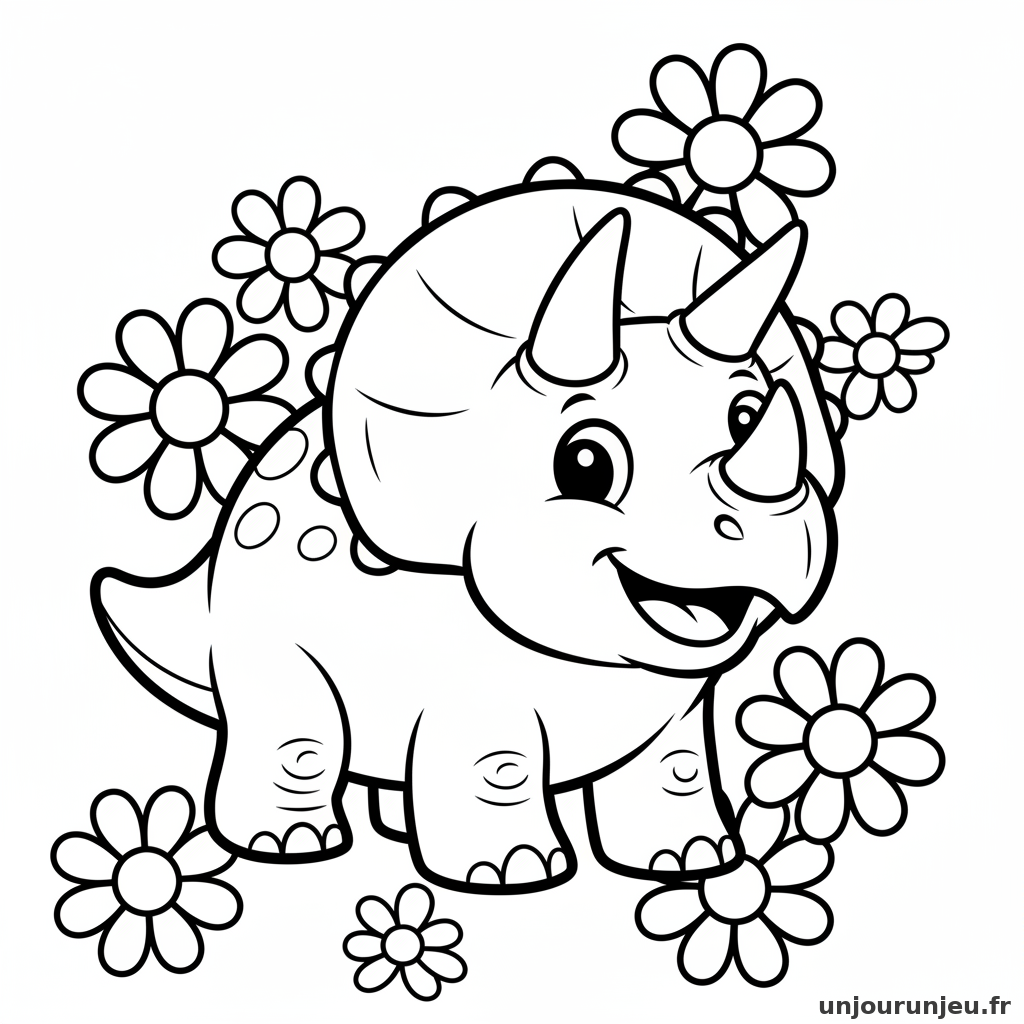 Coloriage Dinosaure Gros Triceratops Souriant Entoure Marguerites 02