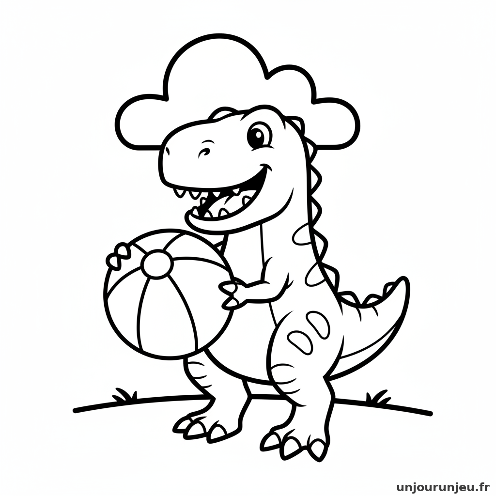 Coloriage Dinosaure T Rex Amical Tient Ballon Plage 11