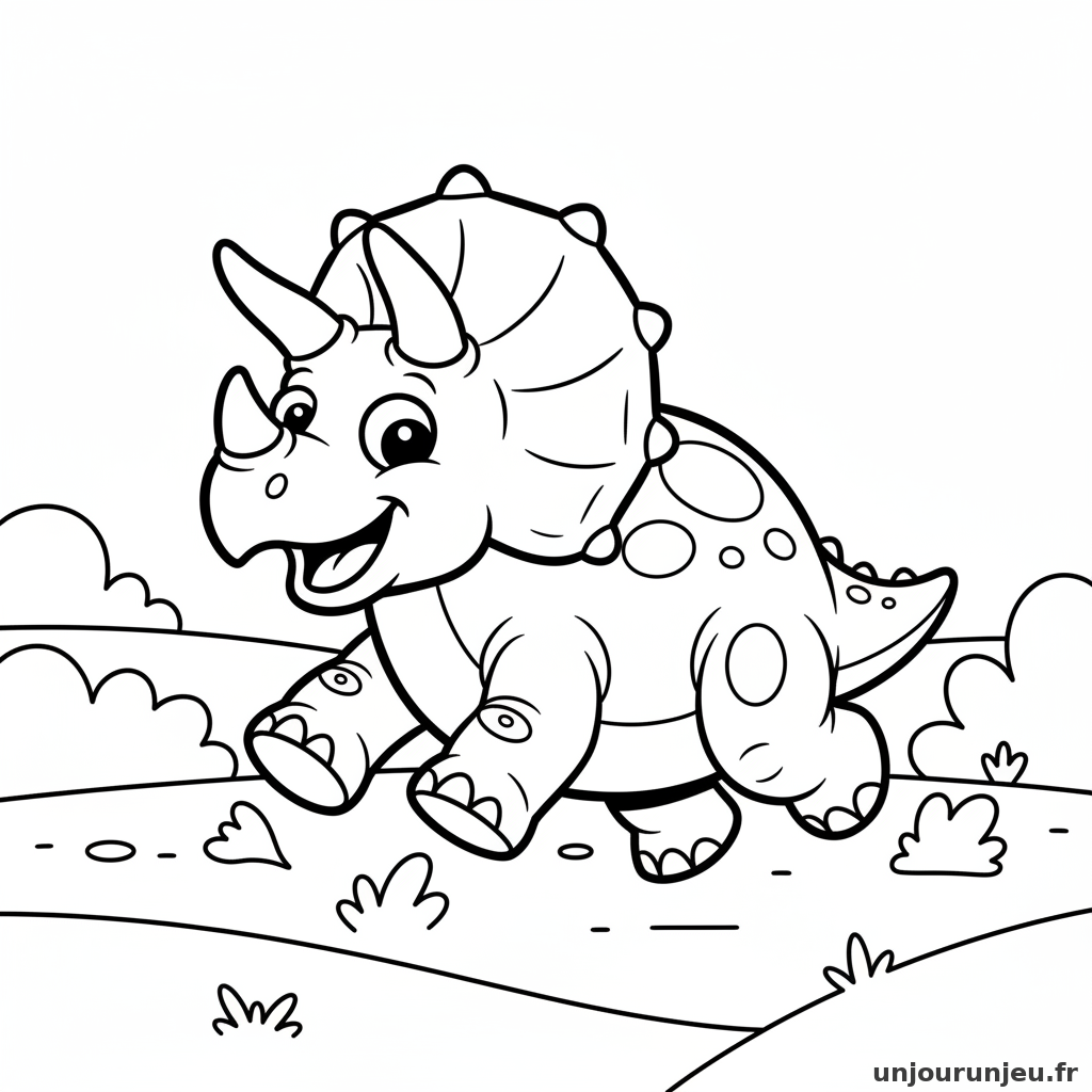 Coloriage Dinosaure Triceratops Rigolo Court Lherbe Verte 03