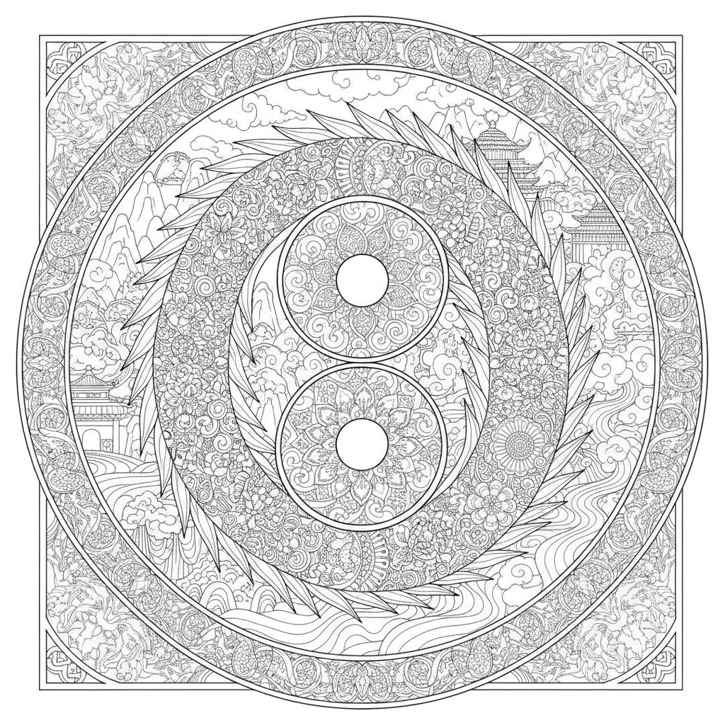 Coloriage Dragon Un Double Dragon Yin Yang Avec Des Motifs Orientaux Tres Det 09