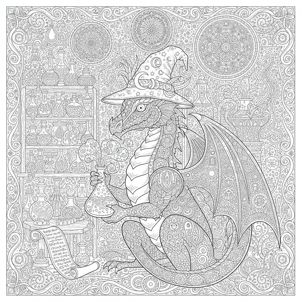 Coloriage Dragon Un Dragon Alchimiste Avec Des Fioles Des Formules Et Des Sym 17