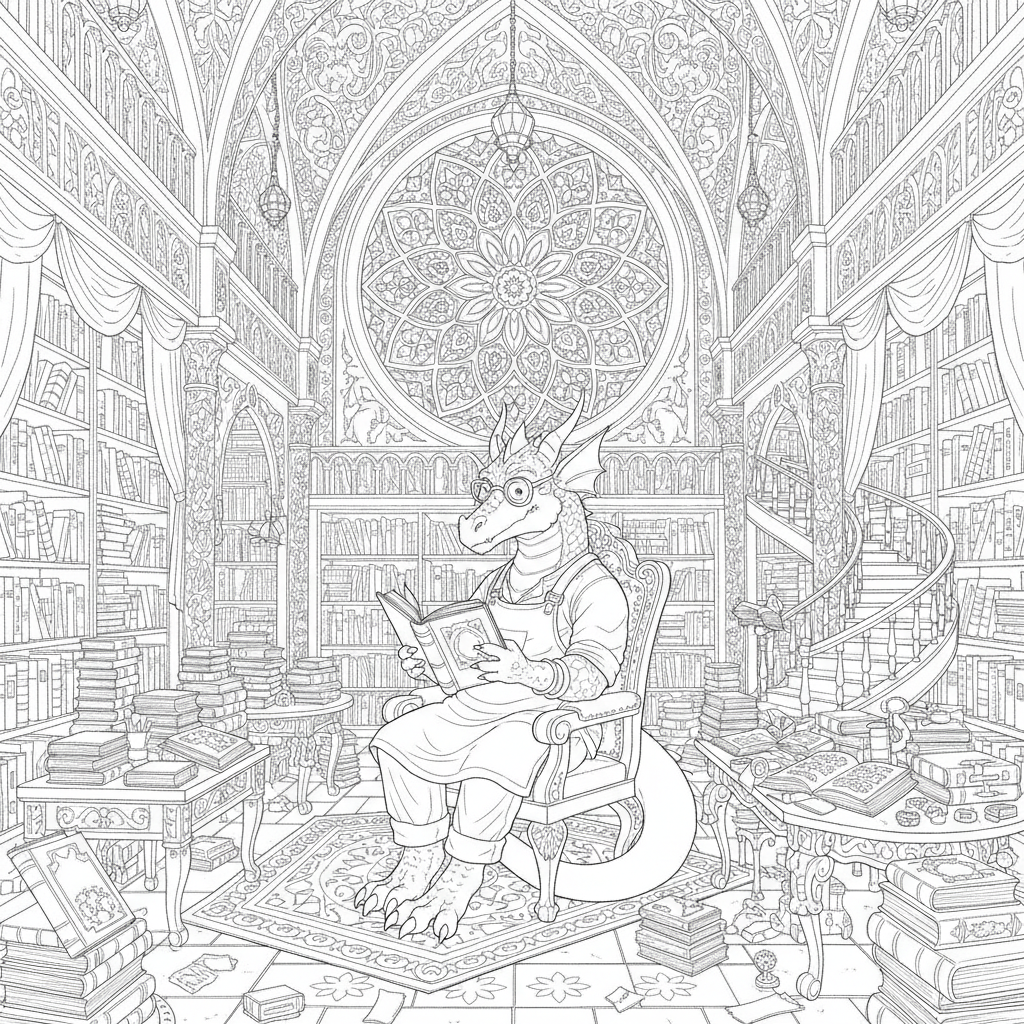 Coloriage Dragon Un Dragon Bibliothecaire Entoure De Centaines De Livres Dans 16