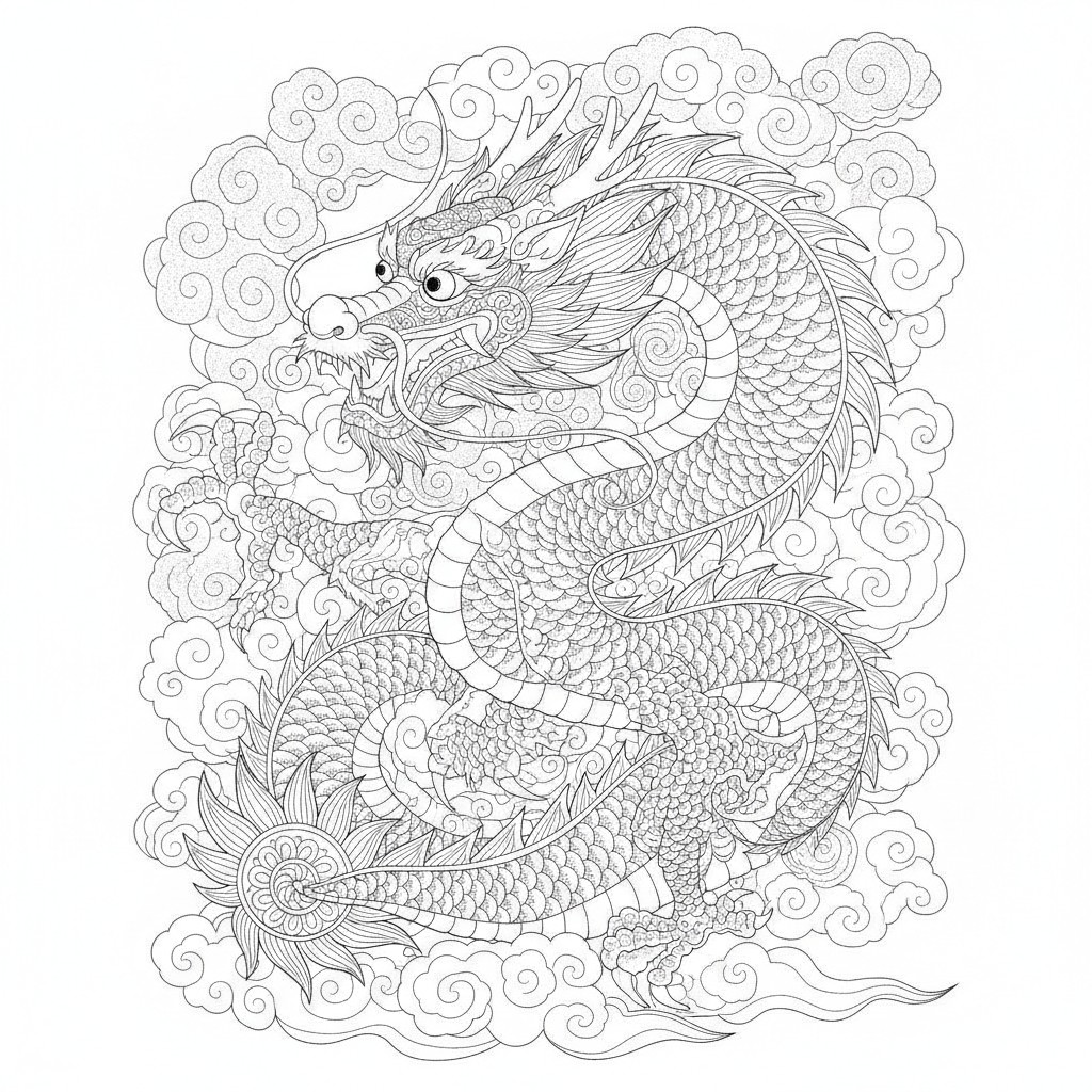 Coloriage Dragon Un Dragon Chinois Tres Detaille Avec Des Ecailles Ornees Et 02
