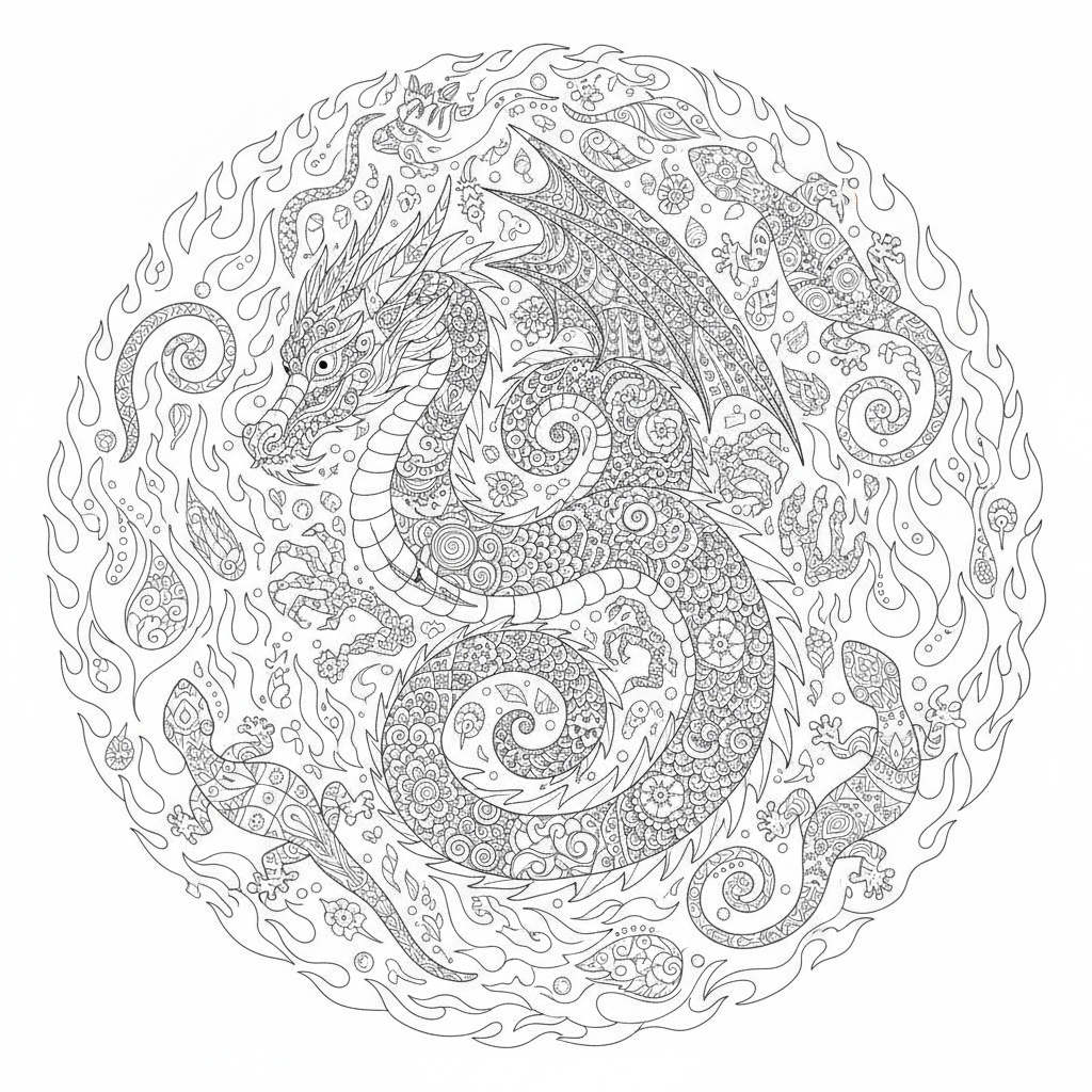 Coloriage Dragon Un Dragon De Feu Entoure De Flammes Ornementales Et De Salam 07
