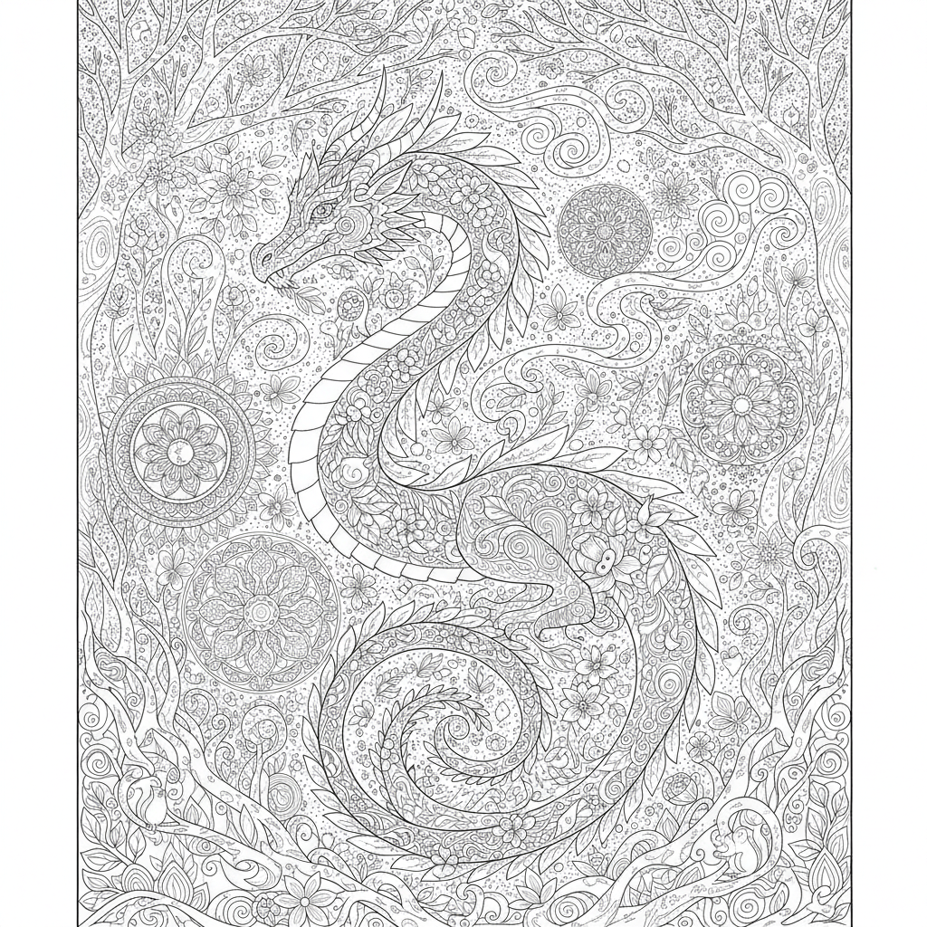 Coloriage Dragon Un Dragon Foret Dont Le Corps Est Fait De Branches De Feuill 08