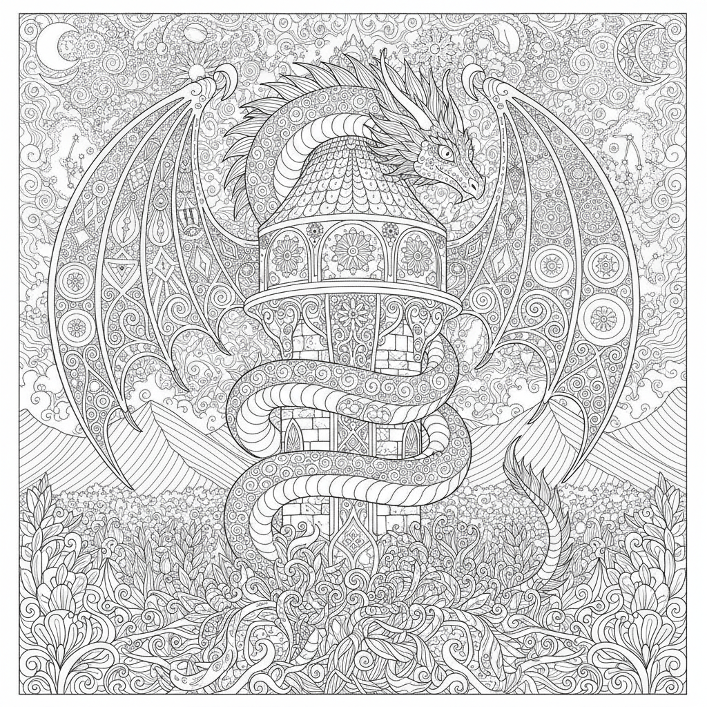 Coloriage Dragon Un Dragon Gardien Enroule Autour Dune Tour De Chateau Tres O 05