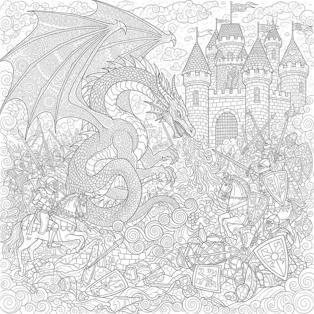 Coloriage Dragon Un Dragon Medieval Dans Une Scene De Bataille Avec Des Cheva 10