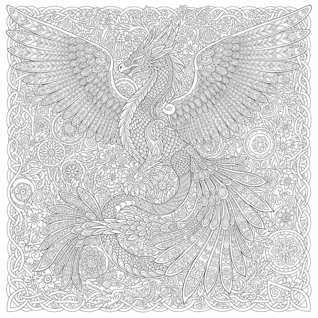 Coloriage Dragon Un Dragon Phoenix Hybride Avec Des Plumes Des Flammes Et Des 14