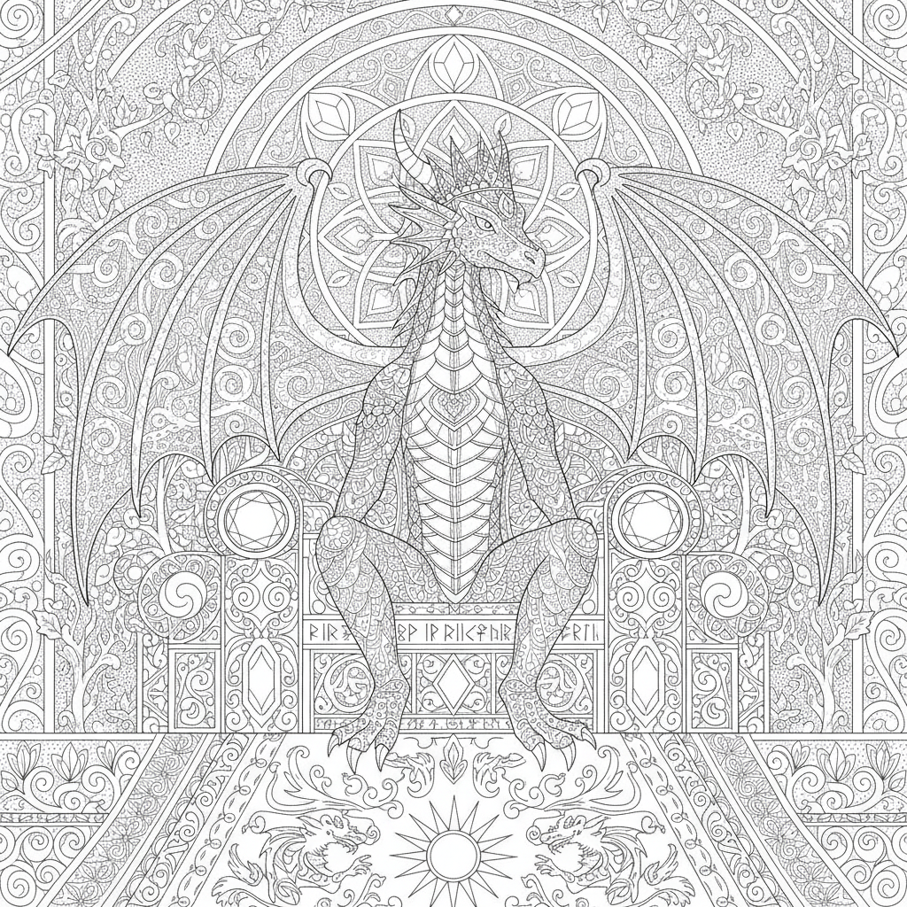 Coloriage Dragon Un Dragon Roi Sur Un Trone Orne De Pierres Precieuses Et De 12