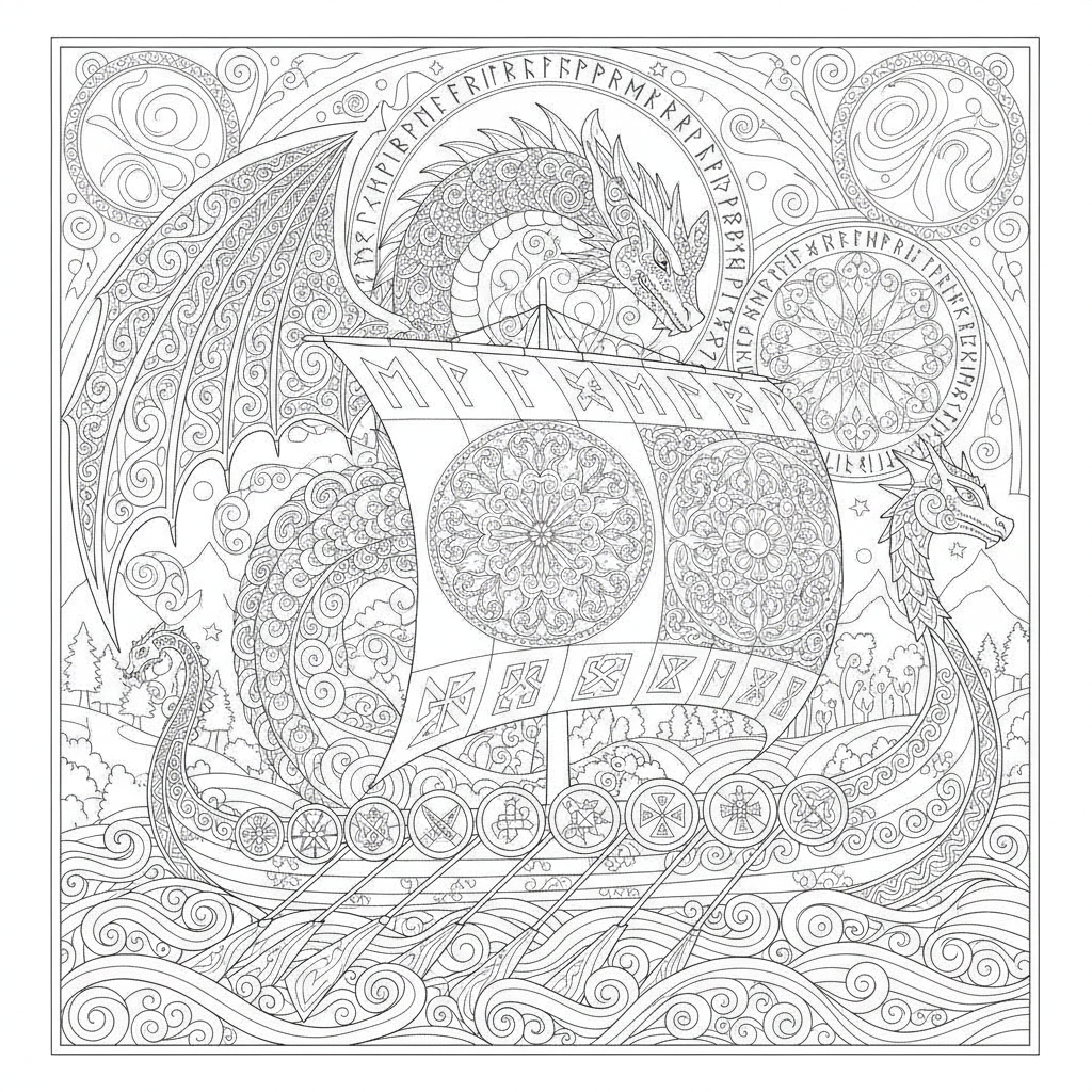 Coloriage Dragon Un Dragon Viking Avec Un Drakkar Des Runes Et Des Motifs Nor 19