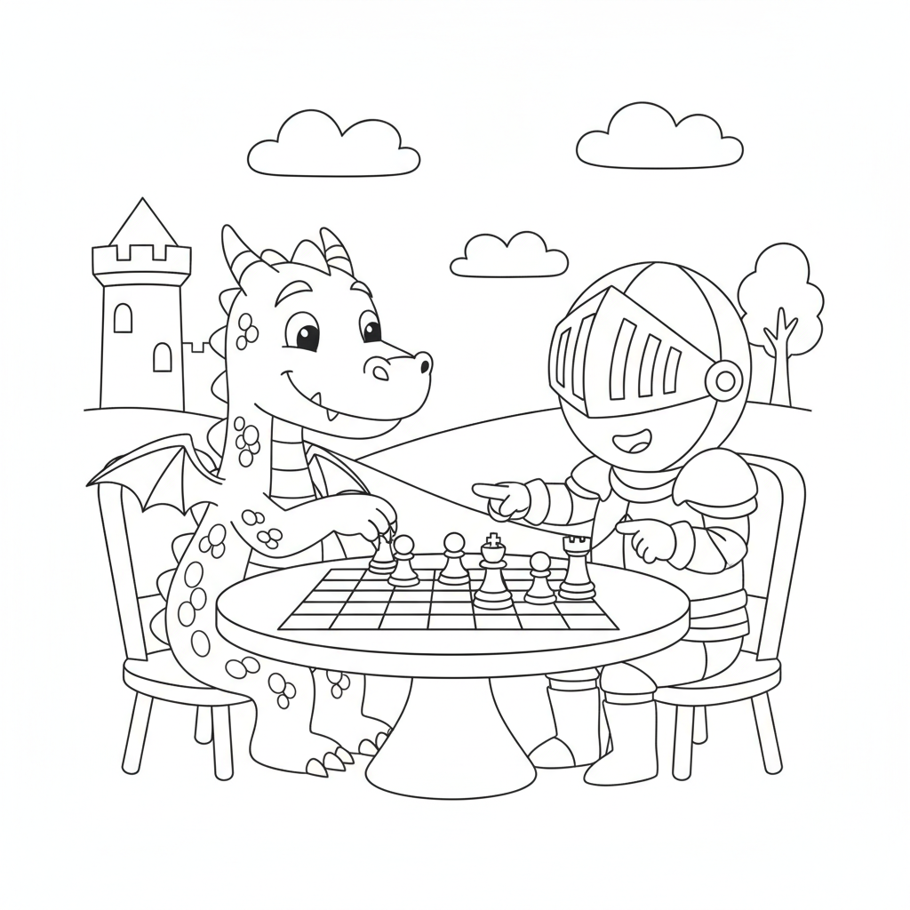 Coloriage Dragon Un Dragon Et Un Chevalier Qui Jouent Aux Echecs 03