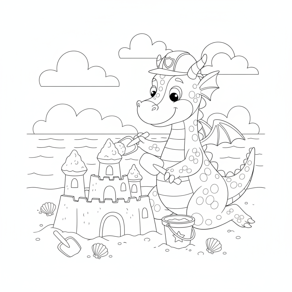Coloriage Dragon Un Dragon Qui Construit Un Chateau De Sable 07