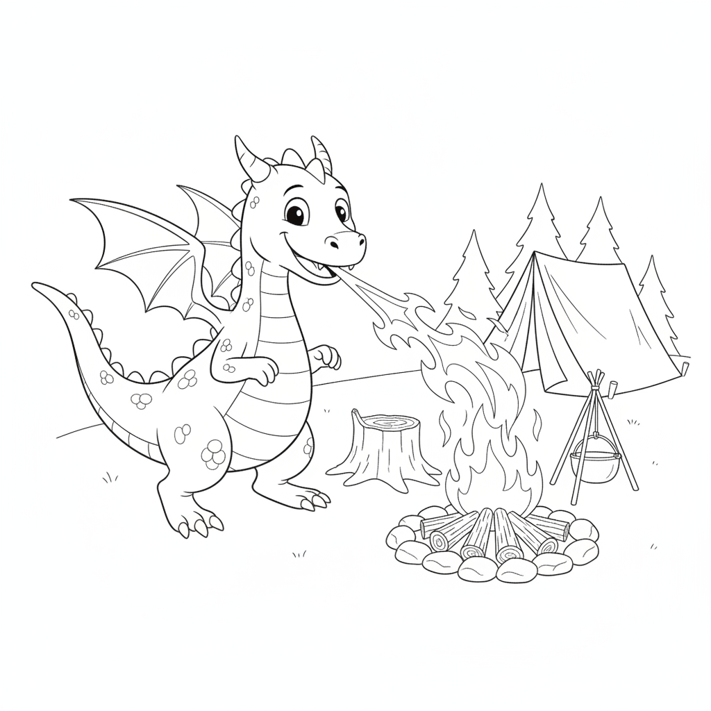 Coloriage Dragon Un Dragon Qui Crache Du Feu Pour Allumer Un Feu De Camp 04