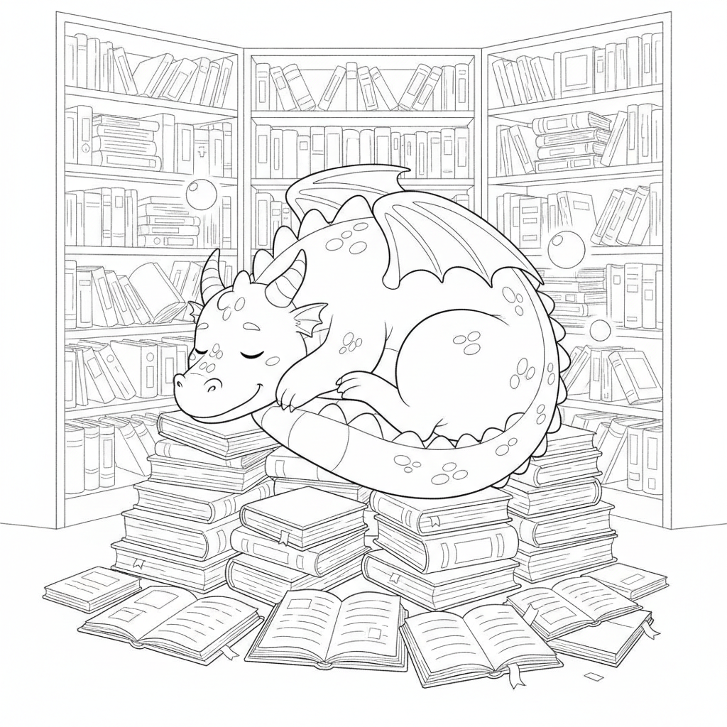 Coloriage Dragon Un Dragon Qui Dort Dans Une Bibliotheque Remplie De Livres 19