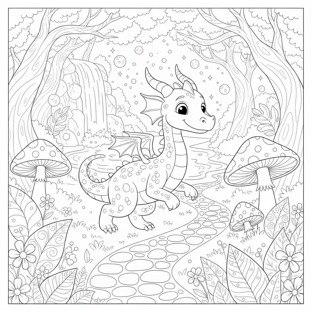 Coloriage Dragon Un Dragon Qui Explore Une Foret Enchantee 12