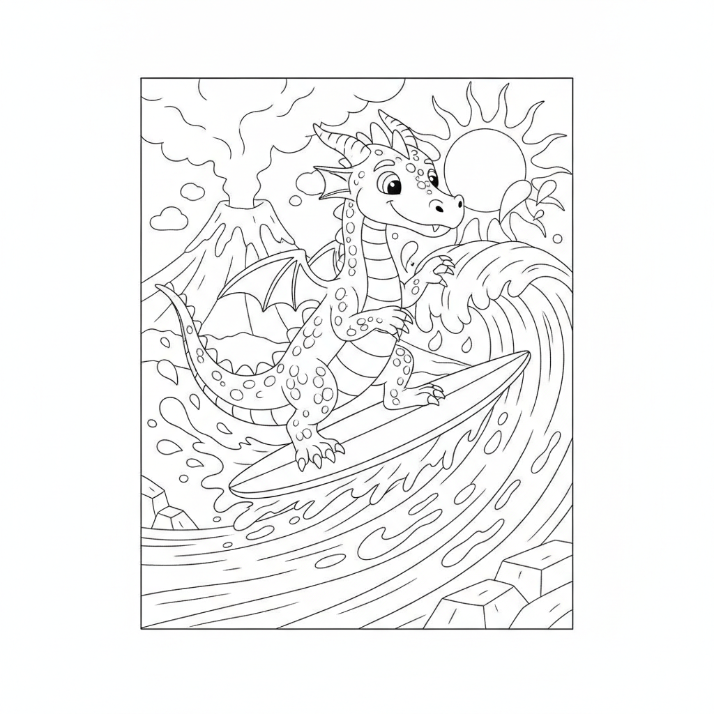 Coloriage Dragon Un Dragon Qui Fait Du Surf Sur Une Vague De Lave 18