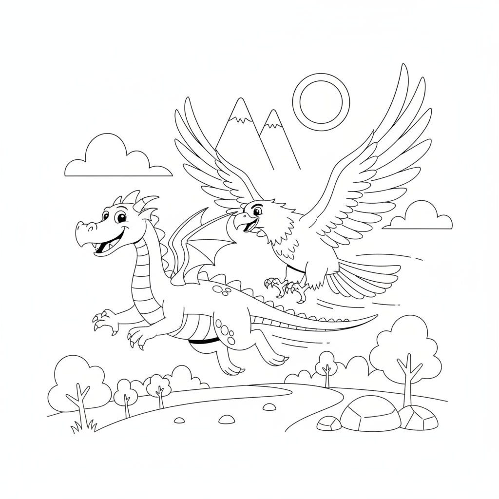 Coloriage Dragon Un Dragon Qui Fait La Course Avec Un Aigle 06