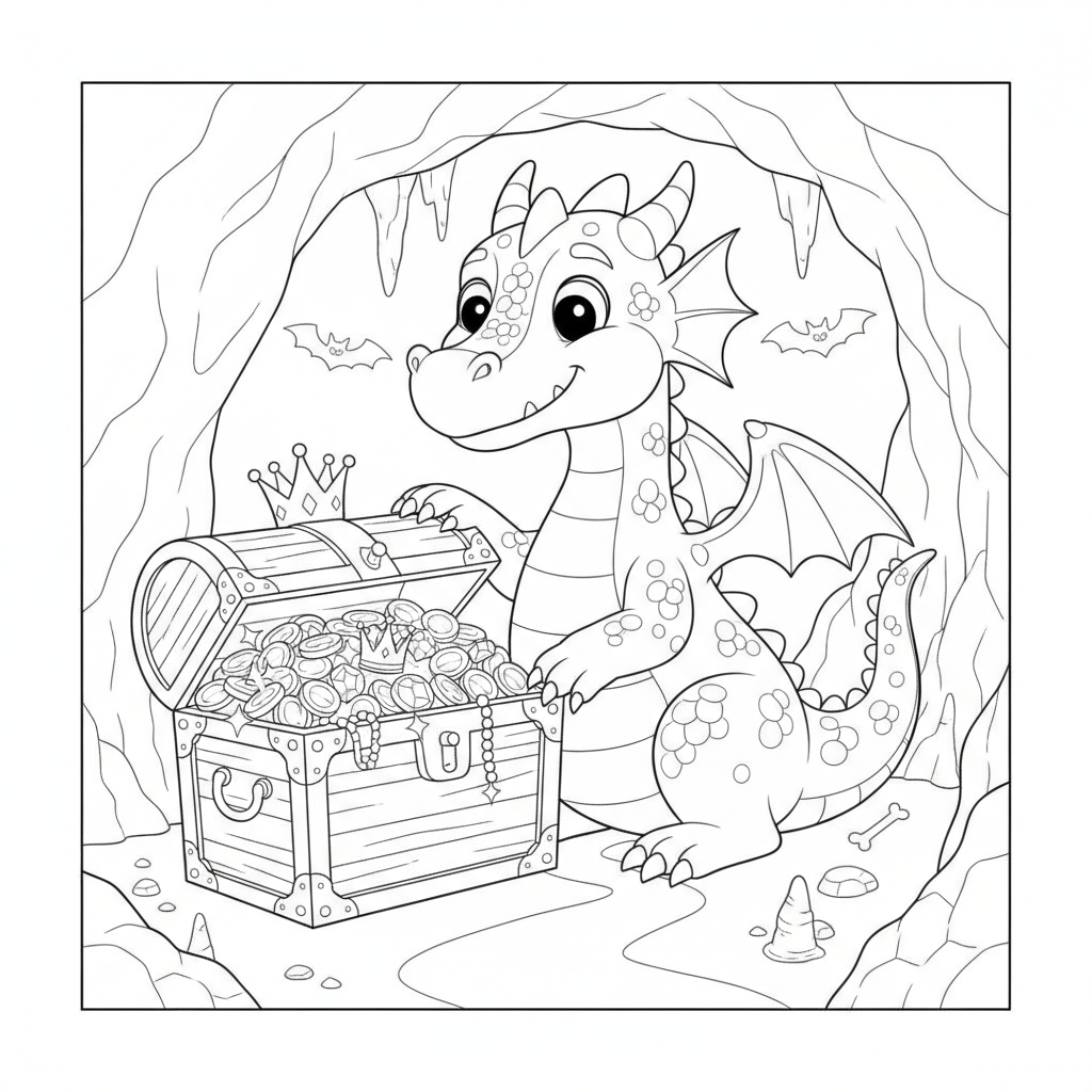 Coloriage Dragon Un Dragon Qui Garde Un Coffre Au Tresor Dans Une Grotte 02