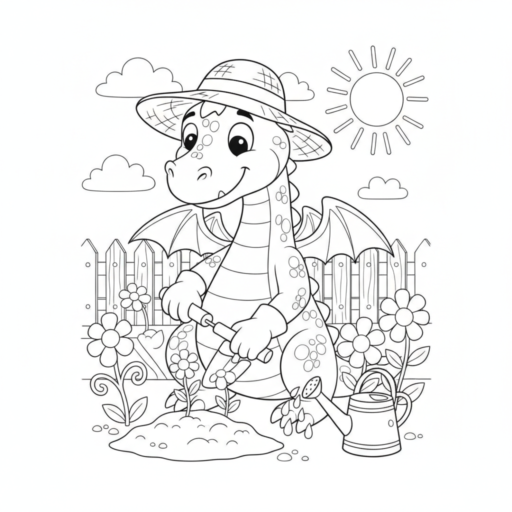 Coloriage Dragon Un Dragon Qui Jardine Et Plante Des Fleurs 16