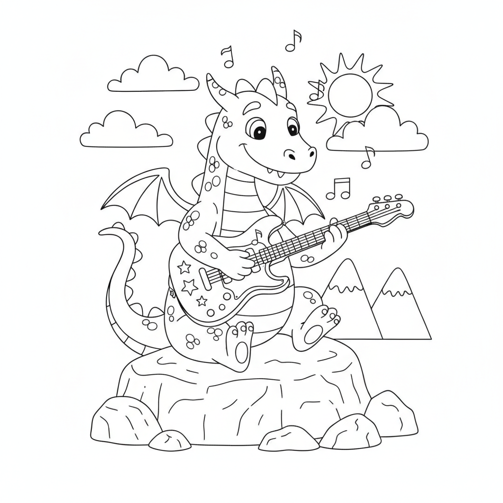 Coloriage Dragon Un Dragon Qui Joue De La Guitare Sur Un Rocher 14
