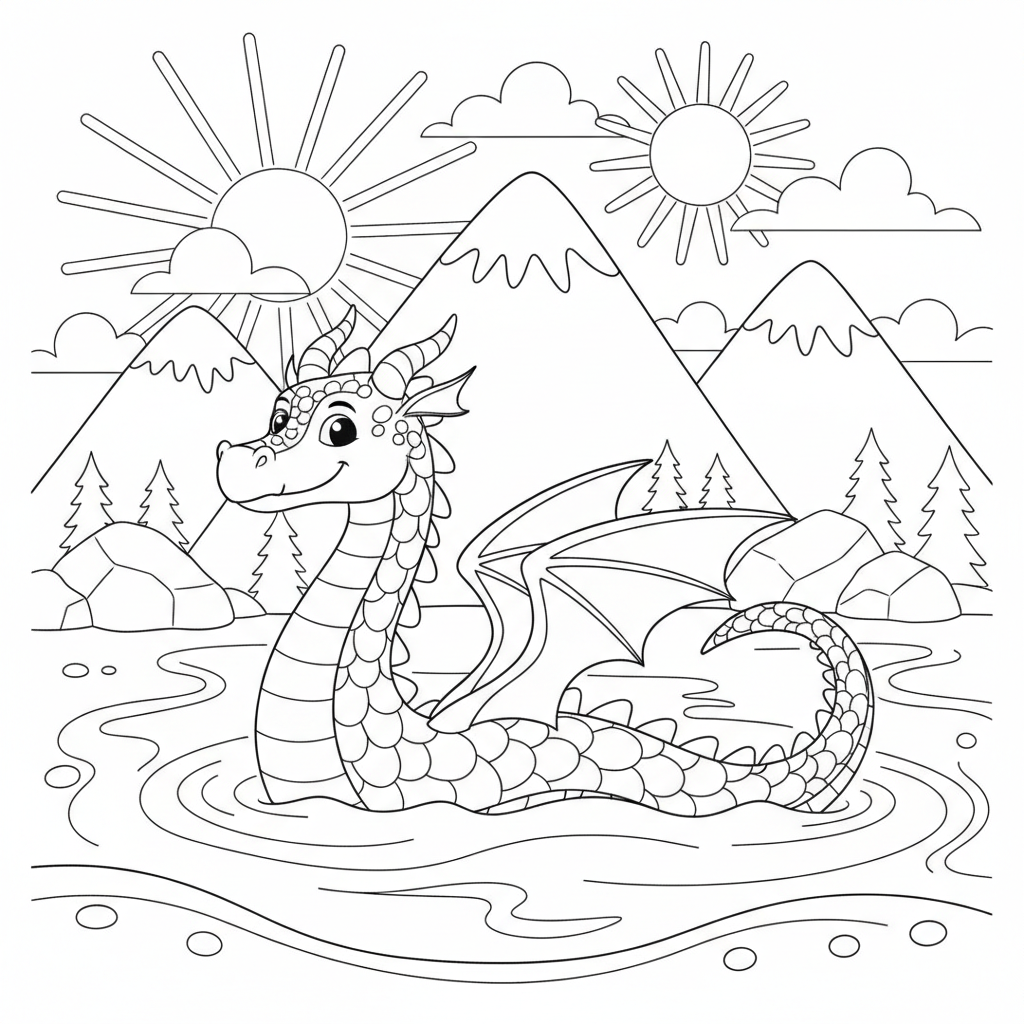 Coloriage Dragon Un Dragon Qui Nage Dans Un Lac De Montagne 05