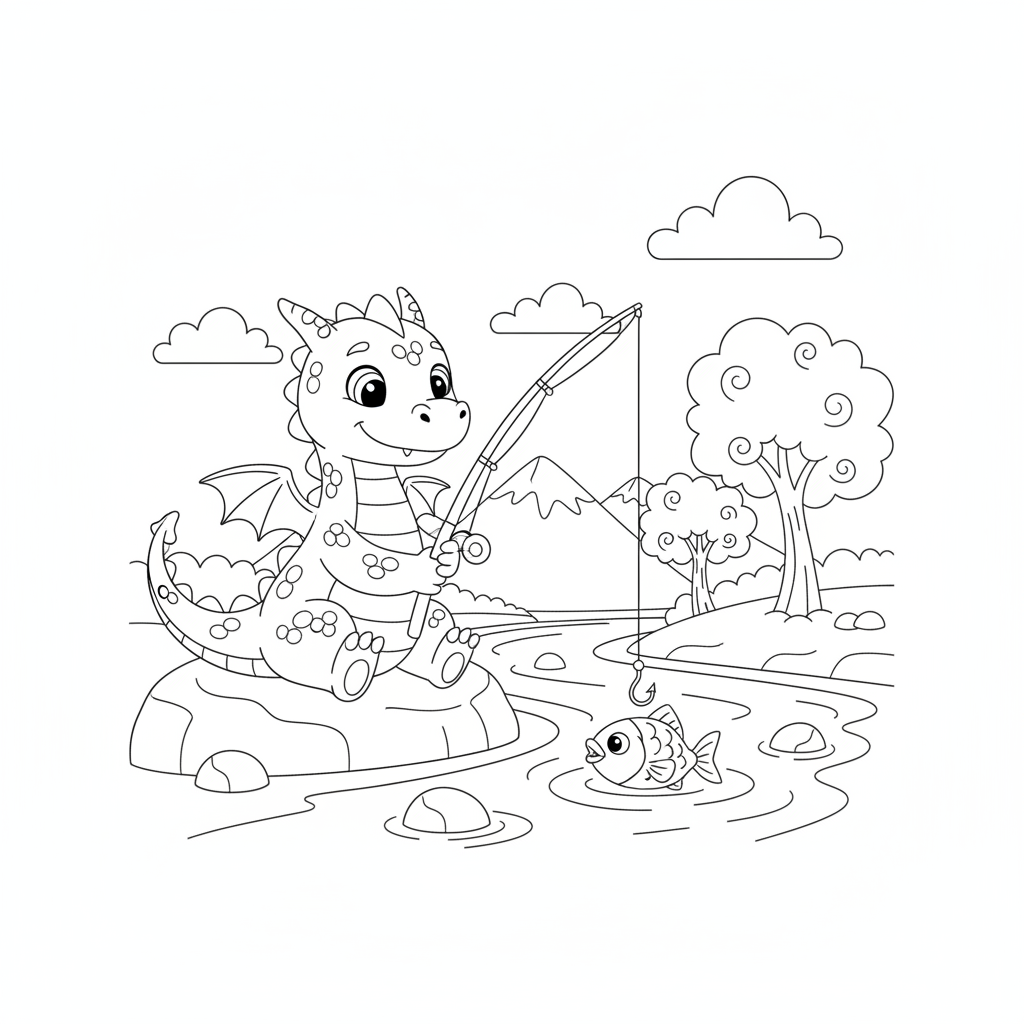 Coloriage Dragon Un Dragon Qui Peche Au Bord Dune Riviere 17