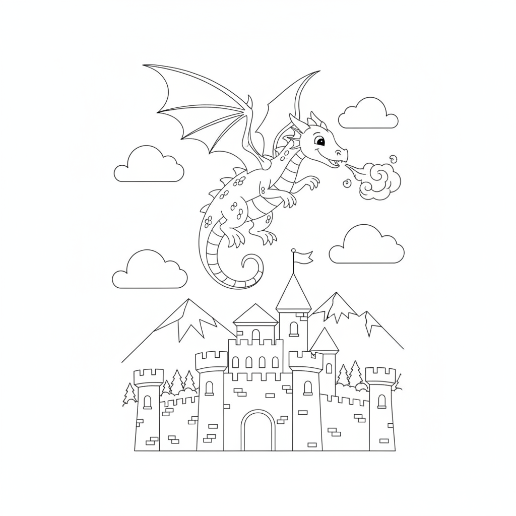 Coloriage Dragon Un Dragon Qui Vole Au Dessus Dun Chateau Fort 01