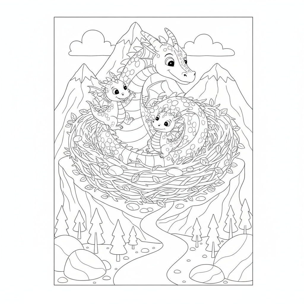 Coloriage Dragon Une Famille De Dragons Dans Leur Nid Sur Une Montagne 08