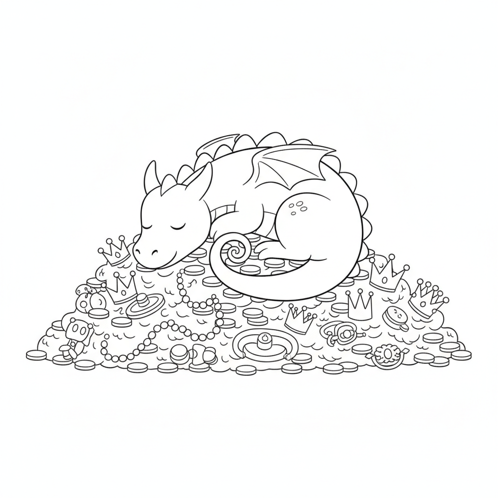Coloriage Dragon Un Dragon Endormi En Boule Sur Un Tresor 04