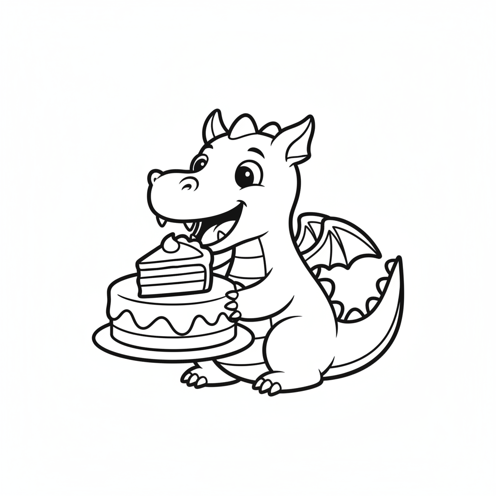 Coloriage Dragon Un Dragon Qui Mange Un Gateau 06
