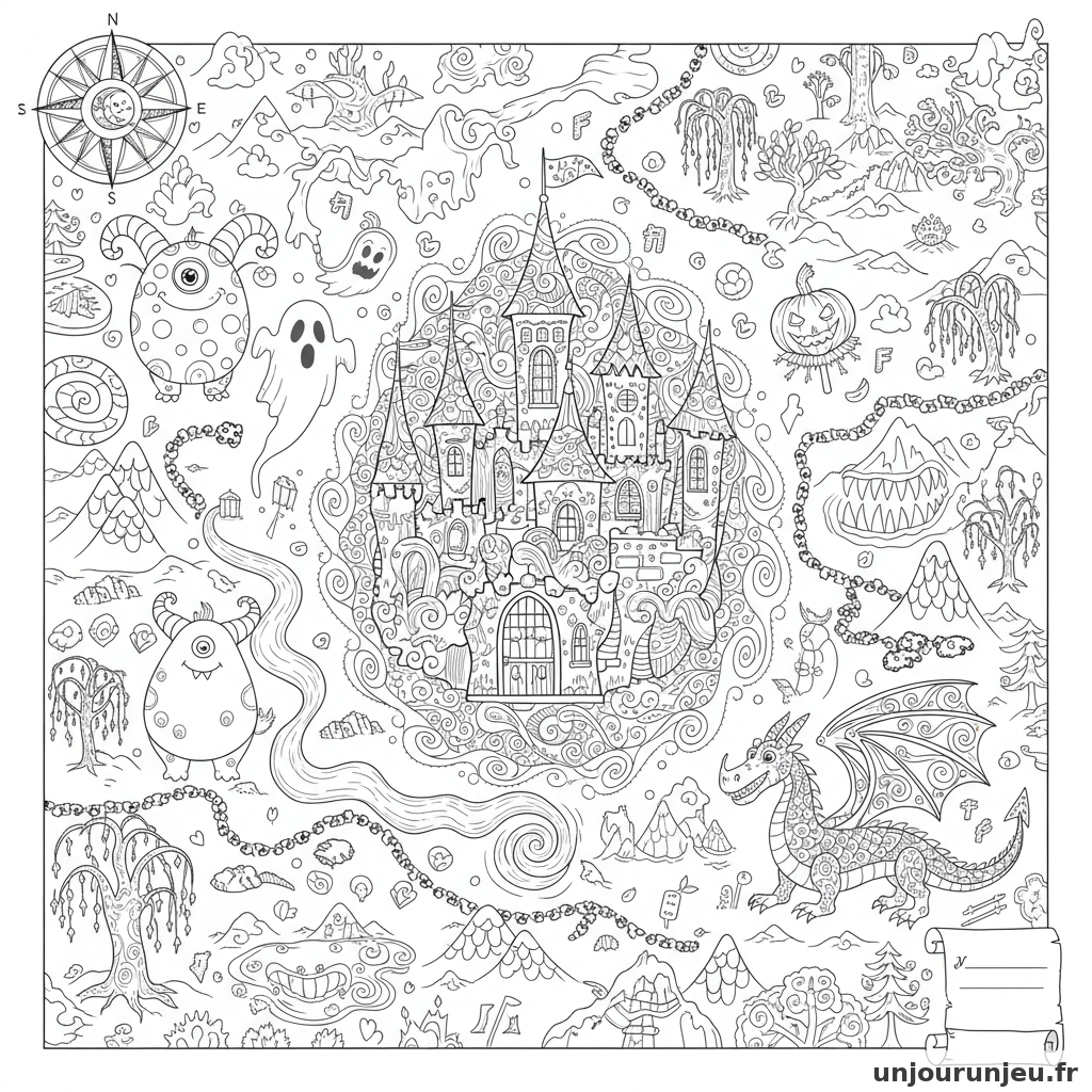 Coloriage Halloween Carte Terres Hantees Creatures Symboles Ornes 08