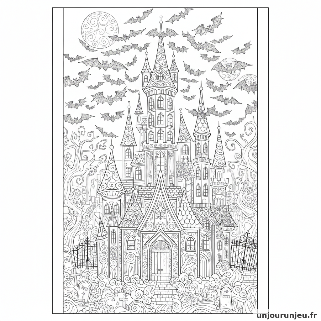 Coloriage Halloween Chateau Hante Tres Detaille Mille Fenetres Chauves 01