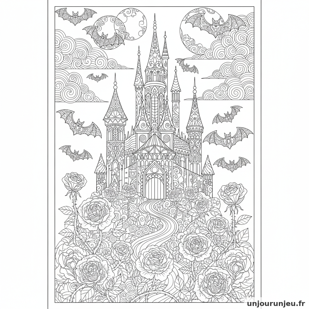 Coloriage Halloween Chateau Vampire Roses Chauves Souris Ornees 18