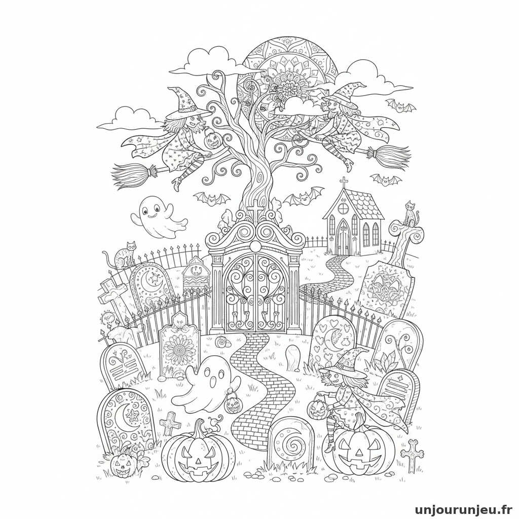 Coloriage Halloween Cimetiere Mignon Tres Detaille Sorcieres Fantomes 10