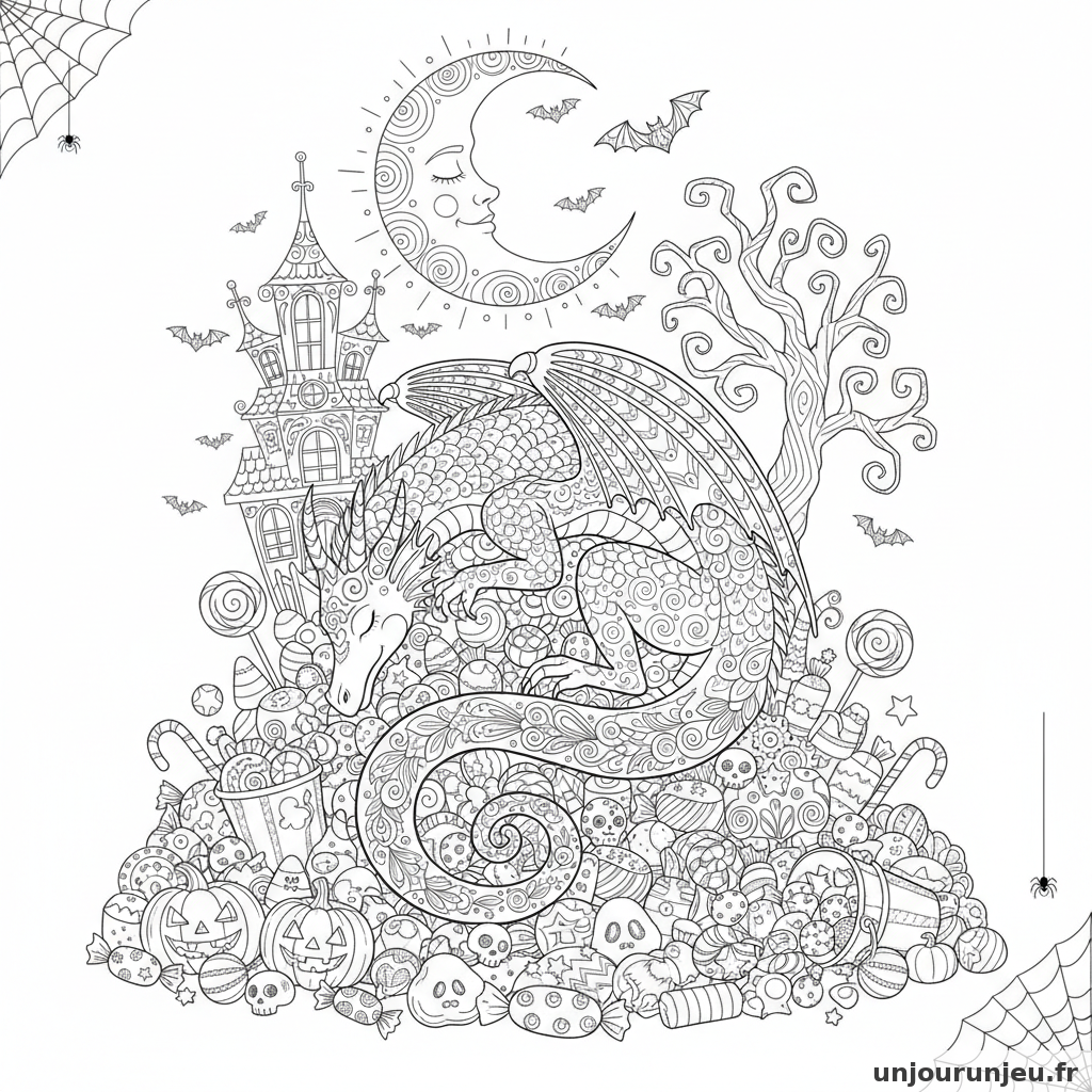 Coloriage Halloween Dragon Endormi Tas Bonbons Dhalloween 14