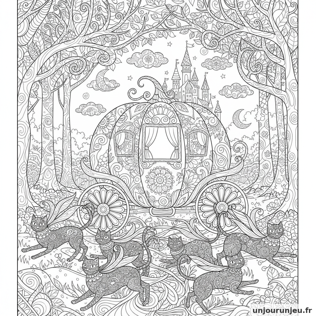 Coloriage Halloween Grand Carrosse Citrouille Tire Chats Noirs 04