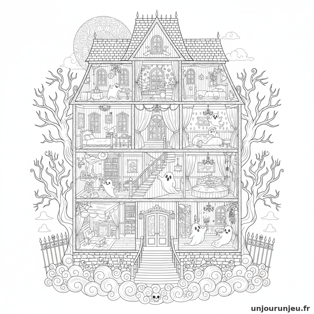 Coloriage Halloween Grande Maison Hantee Vue Coupe Etages Fantomes 05