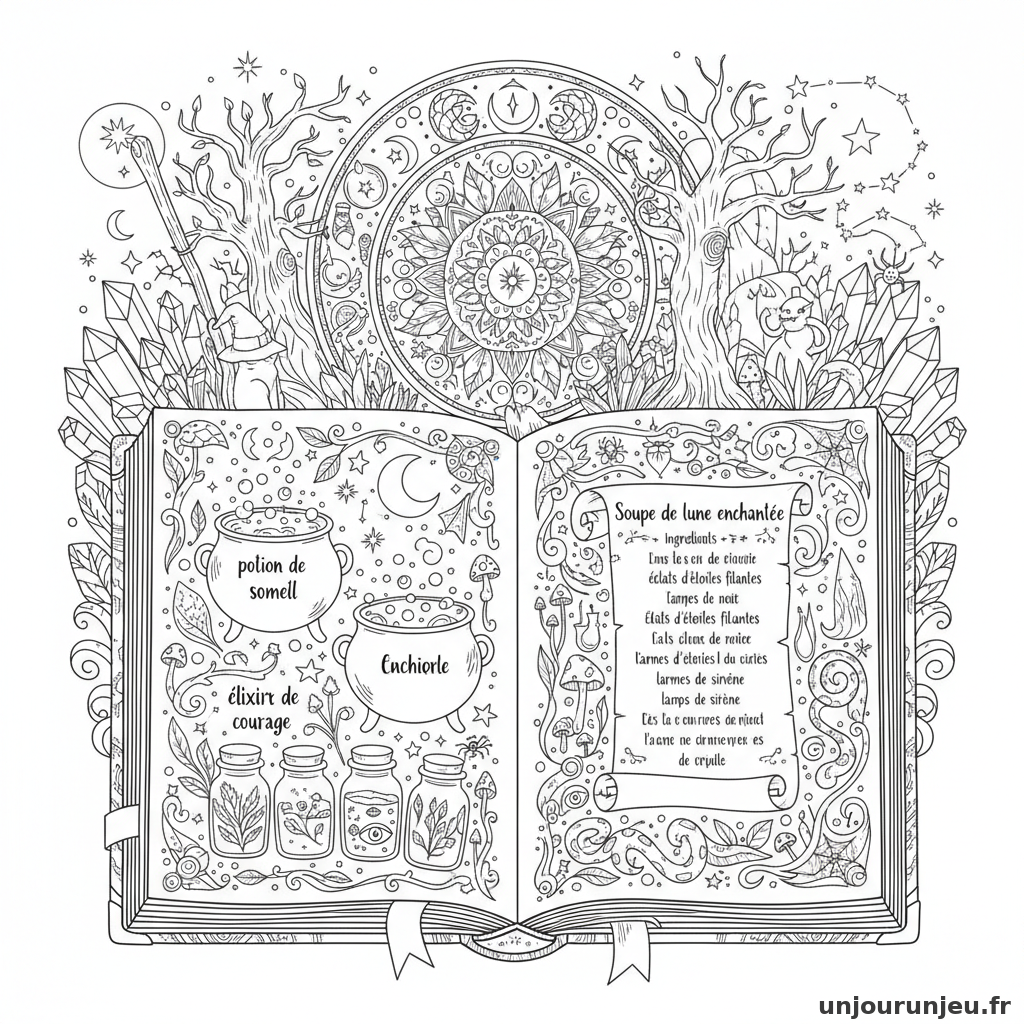 Coloriage Halloween Grimoire Ouvert Recettes Sorciere Motifs Ornes 11