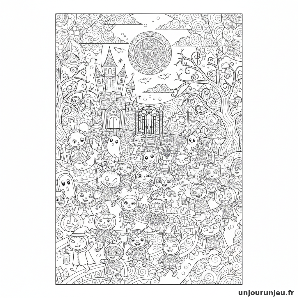 Coloriage Halloween Parade Dhalloween Mille Petites Creatures Deguisee 12