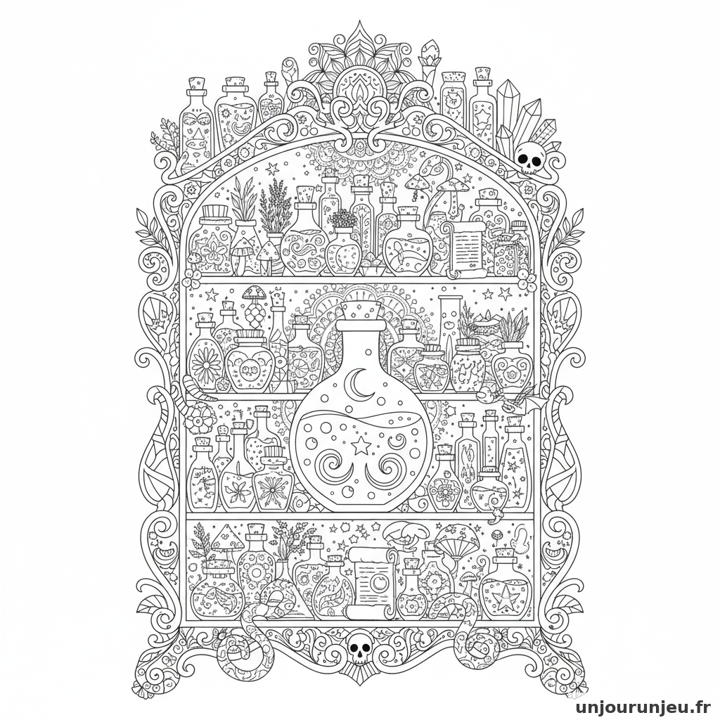 Coloriage Halloween Potion Magique Mille Ingredients Etagere Detaillee 06