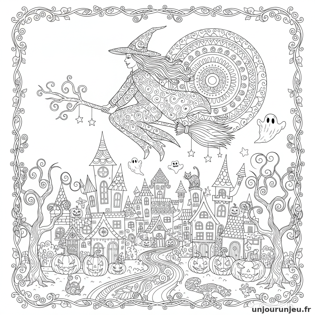 Coloriage Halloween Sorciere Balai Dessus Dune Ville Dhalloween 13