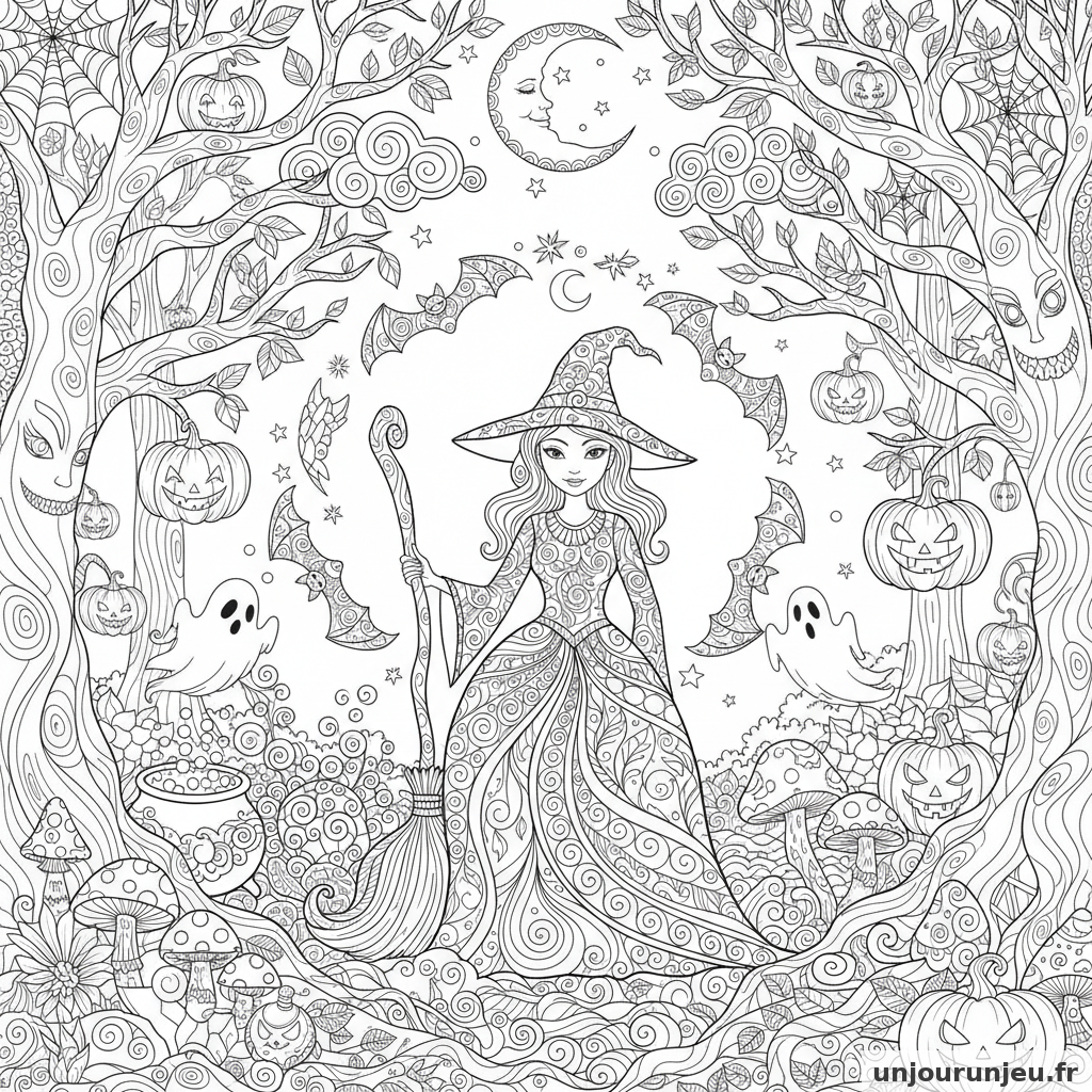 Coloriage Halloween Sorciere Milieu Dune Foret Enchantee Dhalloween 02