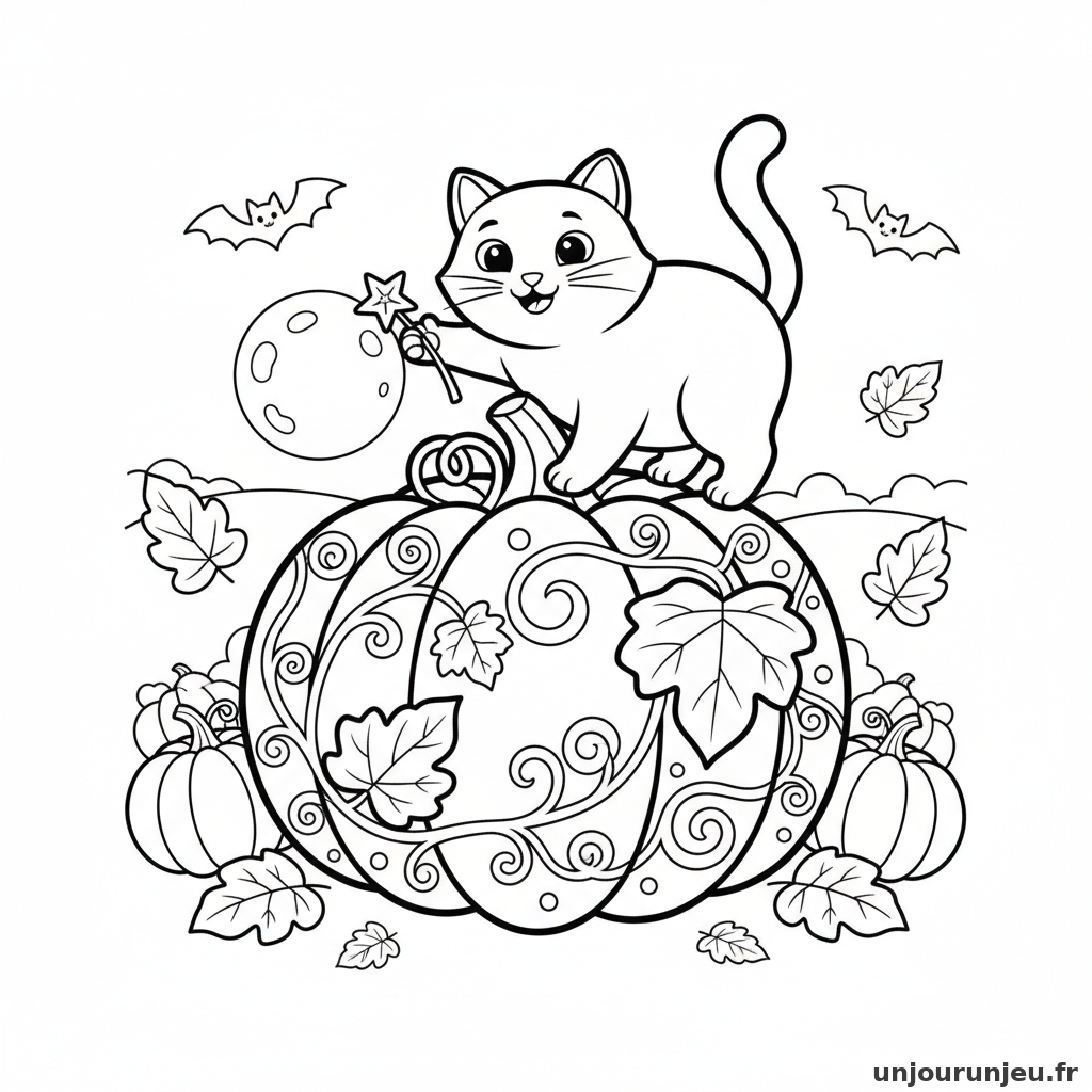 Coloriage Halloween Chat Noir Grimpe Citrouille Geante 04